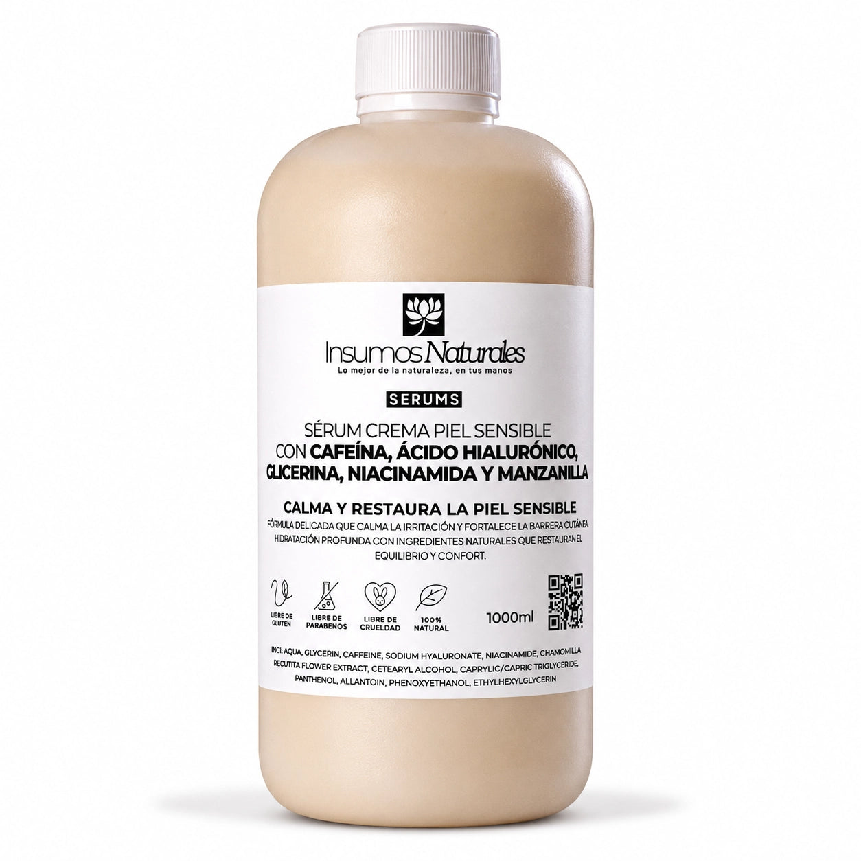 Serum Crema piel sensible con Cafeína, Ácido Hialurónico, Glicerina, Niacinamida y Manzanilla